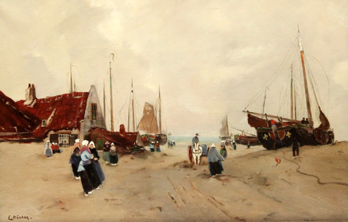 fishermen and trawlers on the beach